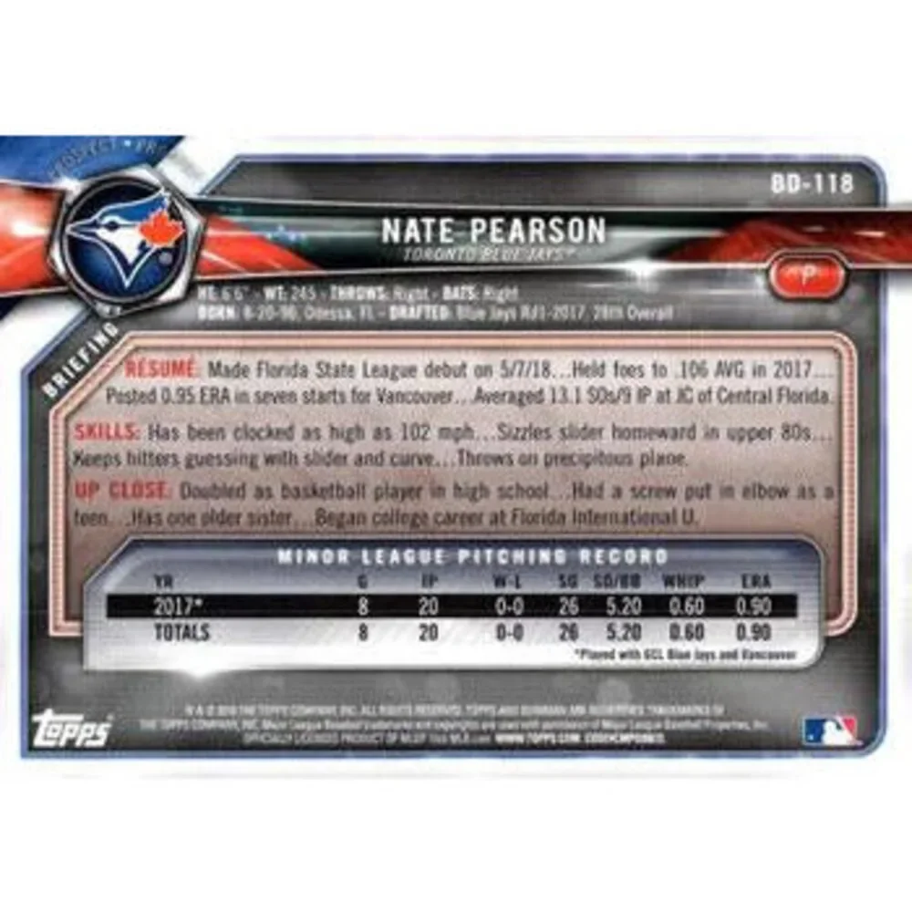 2018 Bowman Draft Nate Pearson BD-118 Toronto Blue Jays